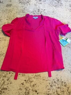 CeCe Bright Fuchsia V-Neck Tie Blouse